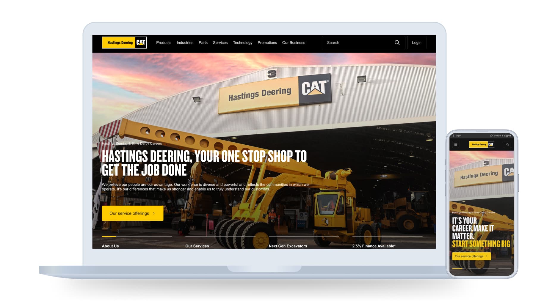 Hastings Deering equipment experience shown across desktop and mobile devices